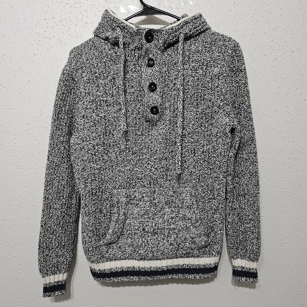 American Eagle Hooded Sweater Small Gray Marled Knit Pullover Button Neck Hoodie